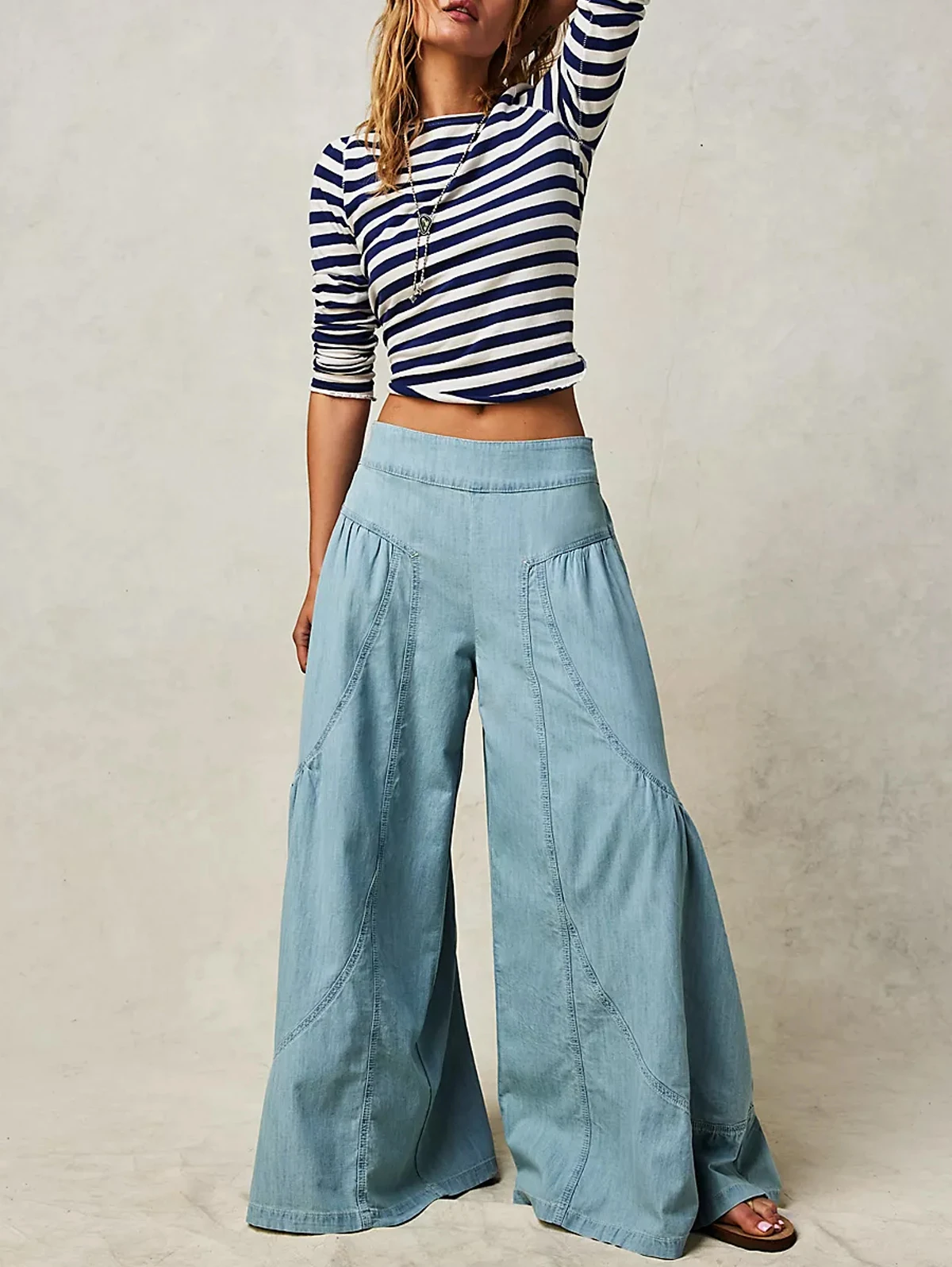 Women's Plus Size Wide Leg Spliced Pants Casual Plain Trousers Elastic Waist Loose Vintage Faux Denim Pockets High Street Pants