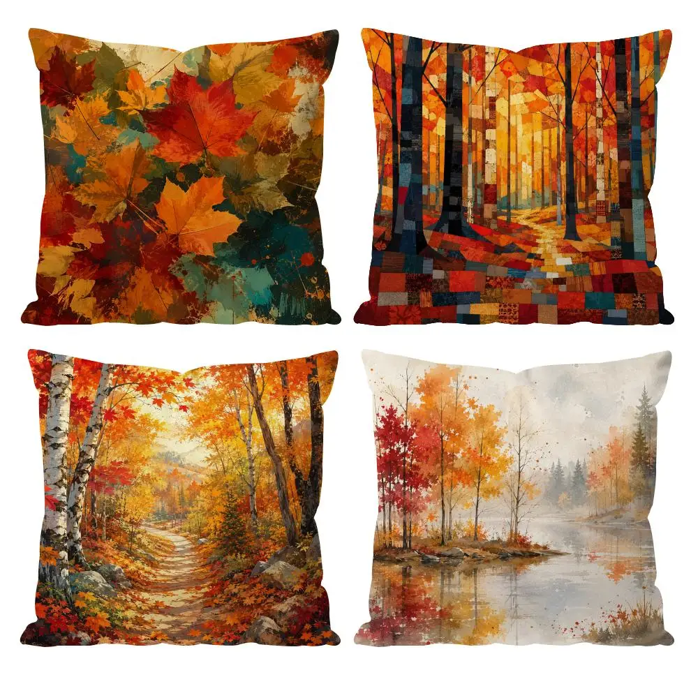 Autumn Forest Autumn Trees Leaves Cushion Cover Double-Sided Plush Sofa Cushion Covers Organic Breathable Invisible Zipper
