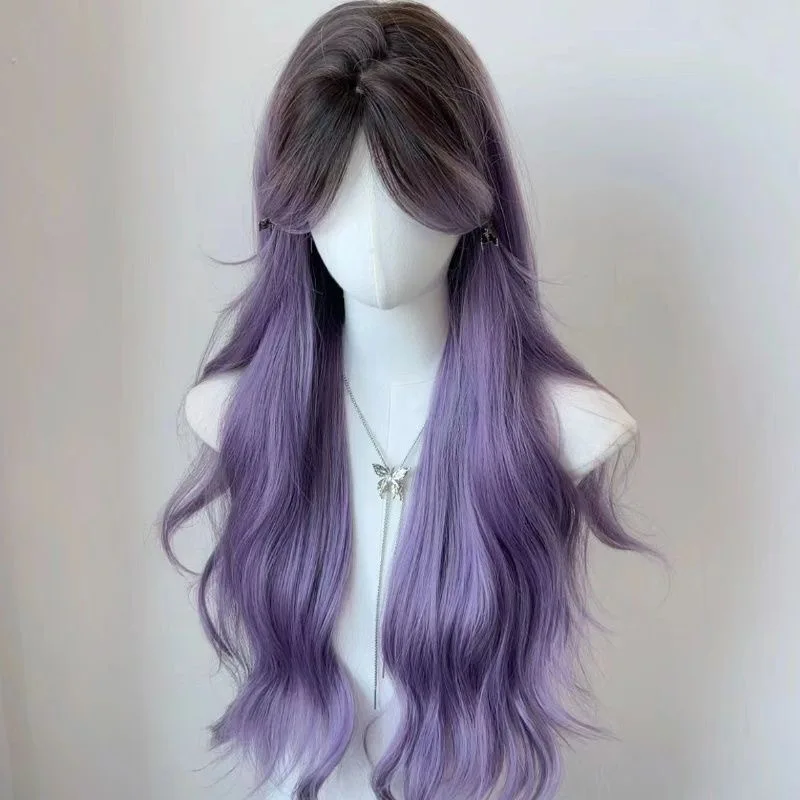 Long Purple Synthetic Wig Wavy Curly Hair Natural Look Full Head Costume Halloween Party Fashion Cosplay Women