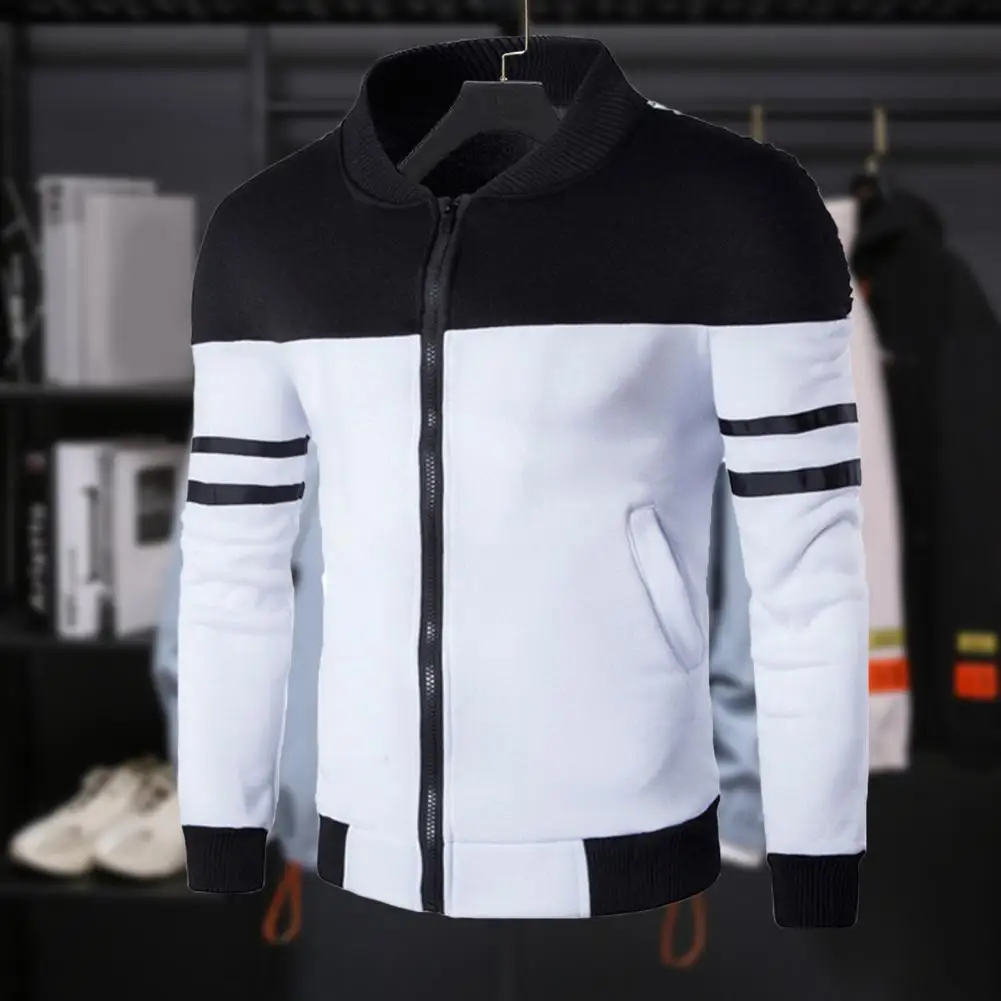 Handsome Fall Jacket  Color Block Outwear Men Autumn Coat  Zip Up Warm Men Fall Jacket