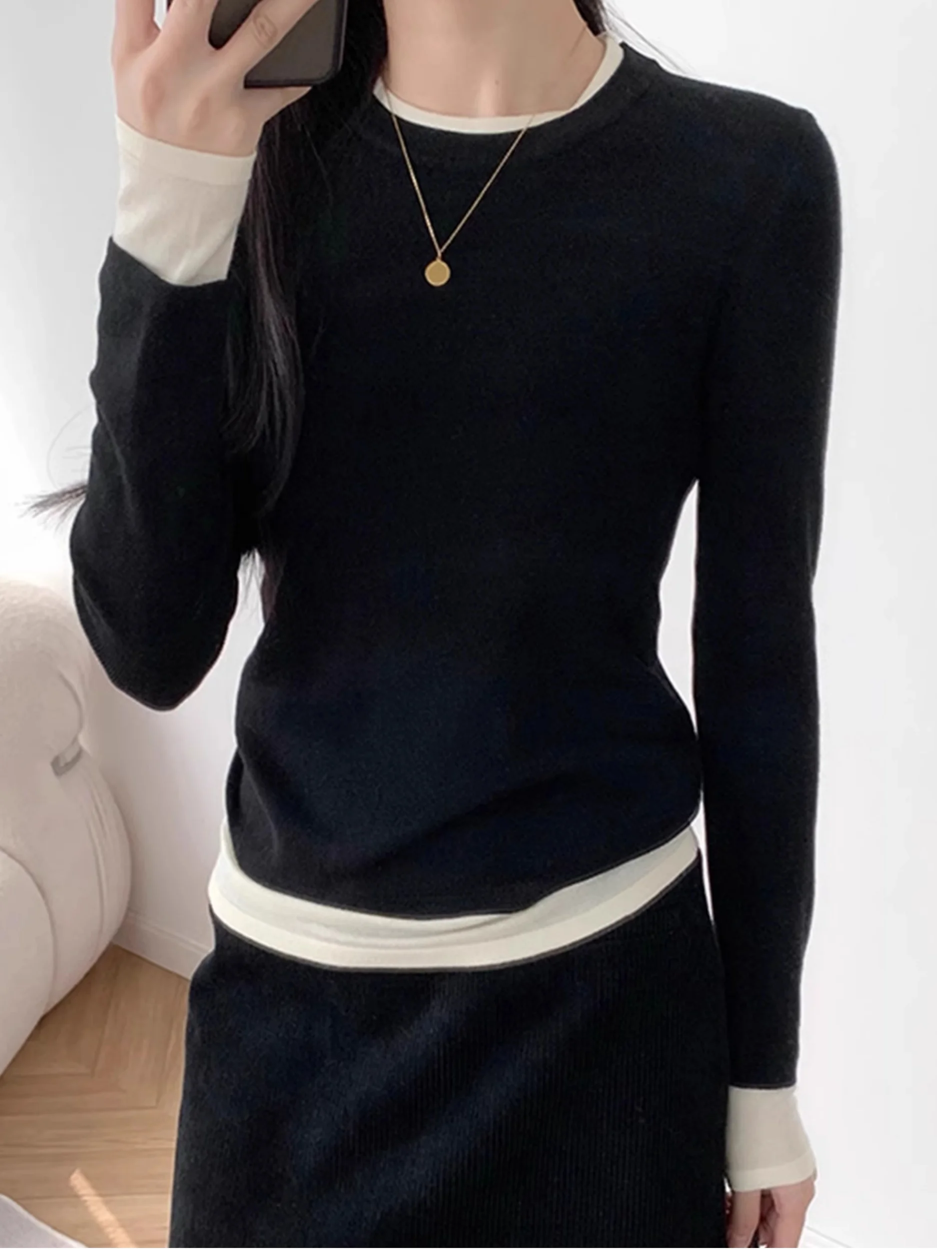 

Color Blo Long Sve Slim Fit шерстяная трикотажная основа irt Внутренняя одежда Топ для поездок на работу Корейский женский трикотаж Faion Peixi