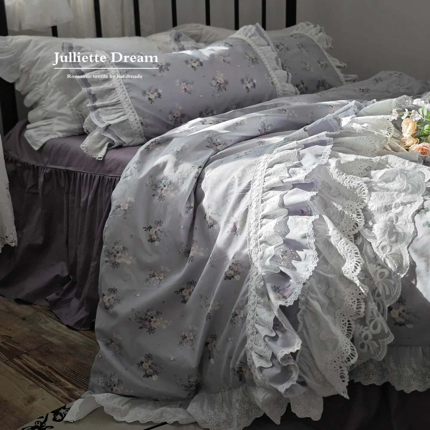 Romantic Fresh Floral Bedding Set, French Inspired Princess Style with Heavy Embroidered Lace Duvet Cover Set, Cotton Bed skirt