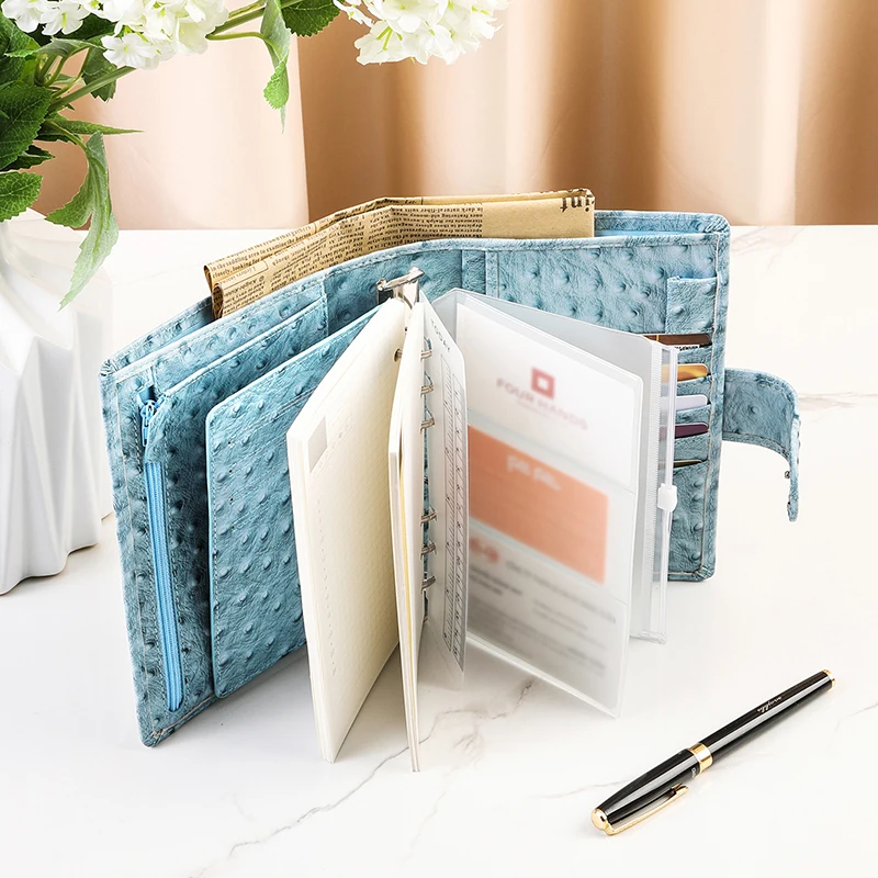 Smartfee A6 Leather Notebook Ostrich Style Pocketbook Binder Photocards A6 Notebook Agenda Budget Planner Notepad With the Rings