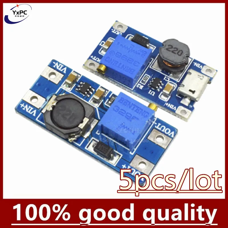 

5pcs MT3608 DC-DC Adjustable Boost Module 2A Boost Plate Step Up Module with MICRO USB 2V-24V to 5V 9V 12V 28V MAX output 28V 2A