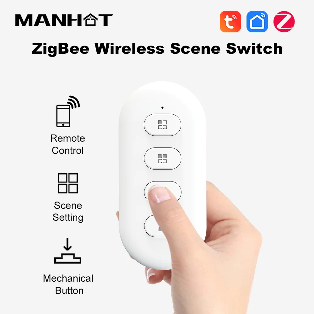 Manhot ZigBee Tuya 4 Gang Wireless 12 Scene Switch Push Button Remote Controller Battery Powered for Smart Life App Automation