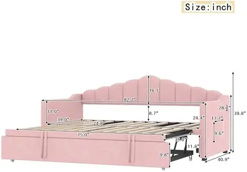 Pink Velvet Twin Daybed with Trundle, Twin to King Daybed with Pop up Trundle, Upholstered Day Bed Frame with USB &