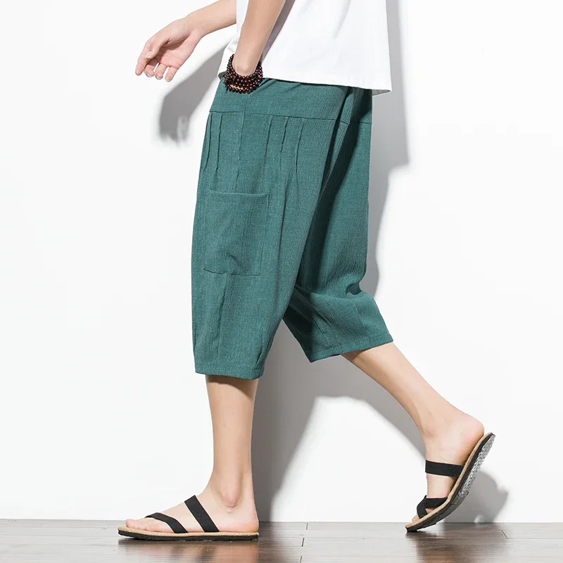 

Men Cotton Harem Calf Length Pants Summer Japanese Vintage Women Hip Hop Plus Size Wide Leg Trousers