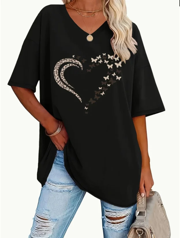 T-shirt lengan pendek kerah V musim panas wanita ukuran besar dengan pola cetak cinta