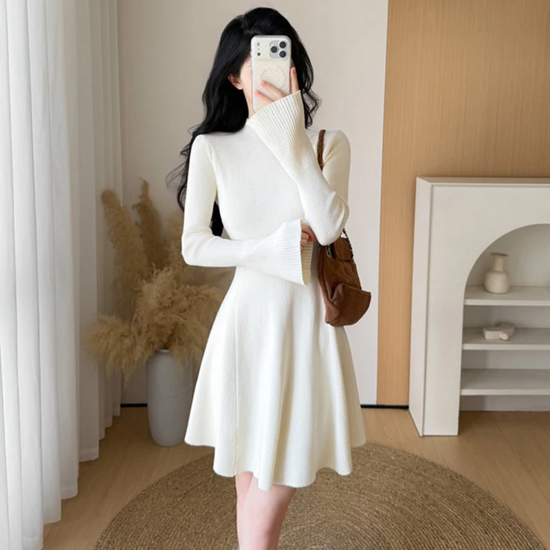 

Новое женское осенне-зимнее базовое платье-свитер, модное эластичное трикотажное платье с высоким воротником и тонкой талией, повседневное платье трапециевидной формы