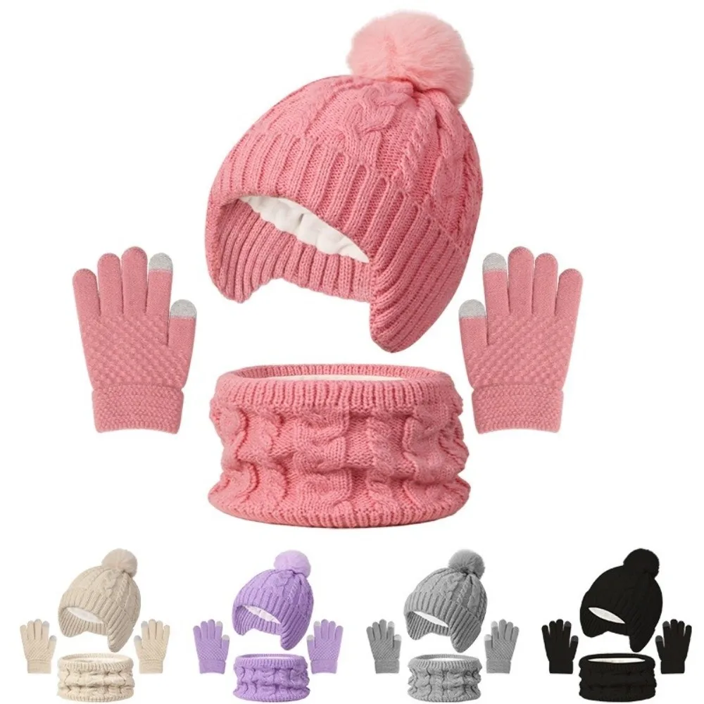 

New Winter Hat Scarf Gloves Set Warm Windproof Toddler Bonnet 3-10Y Thicken Pompom Knitted Hats Children's Outdoor
