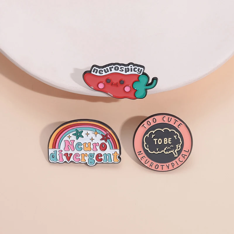 Rainbow Neuro Divergent Enamel Pins Too Cute Neurotypical Brain Brooches Funny Metal Lapel Badge Jewelry Accessories Wholesale