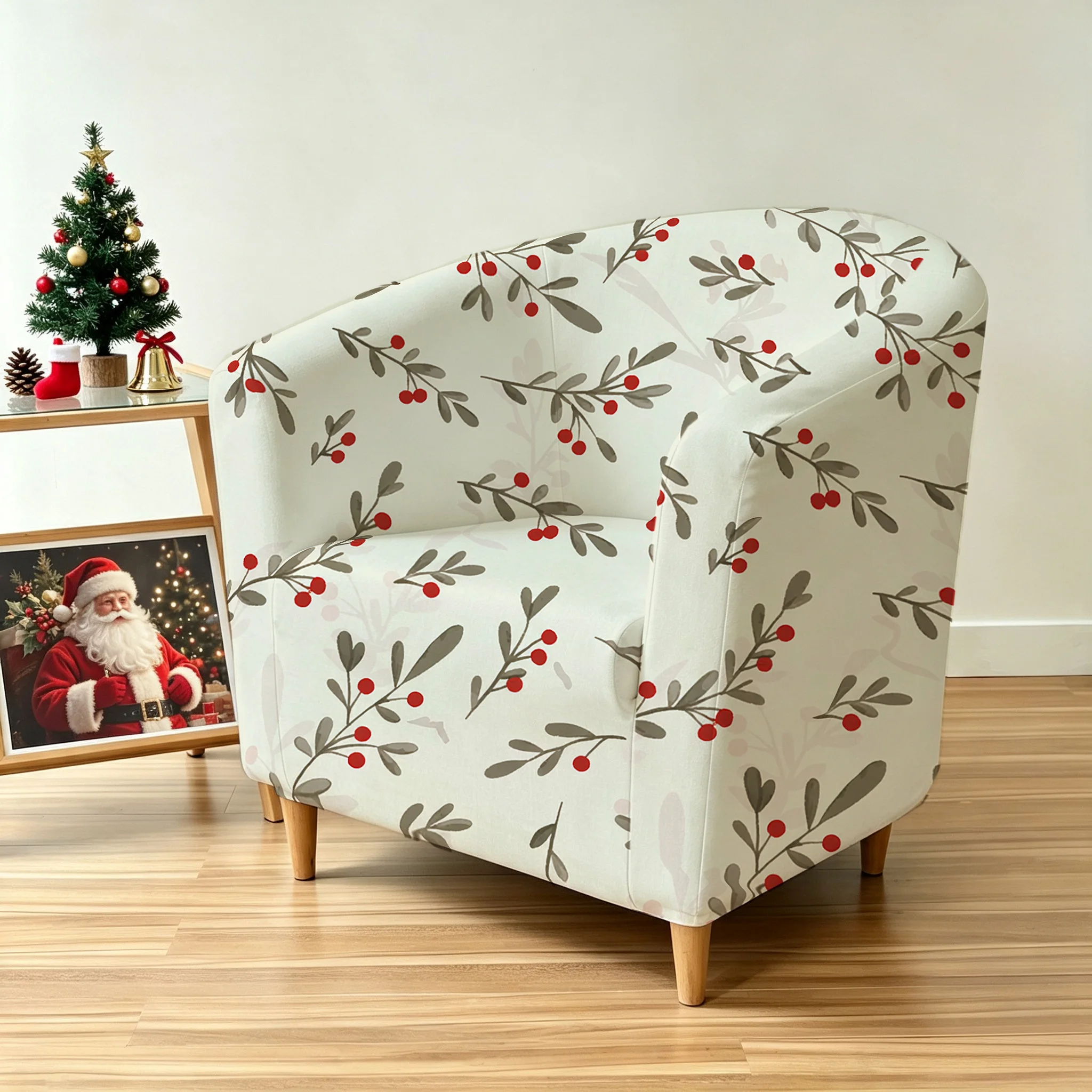 Christmas seamless printed mistletoe and red berries pattern armrest sofa cover, 2D printed elastic single club sofa cover