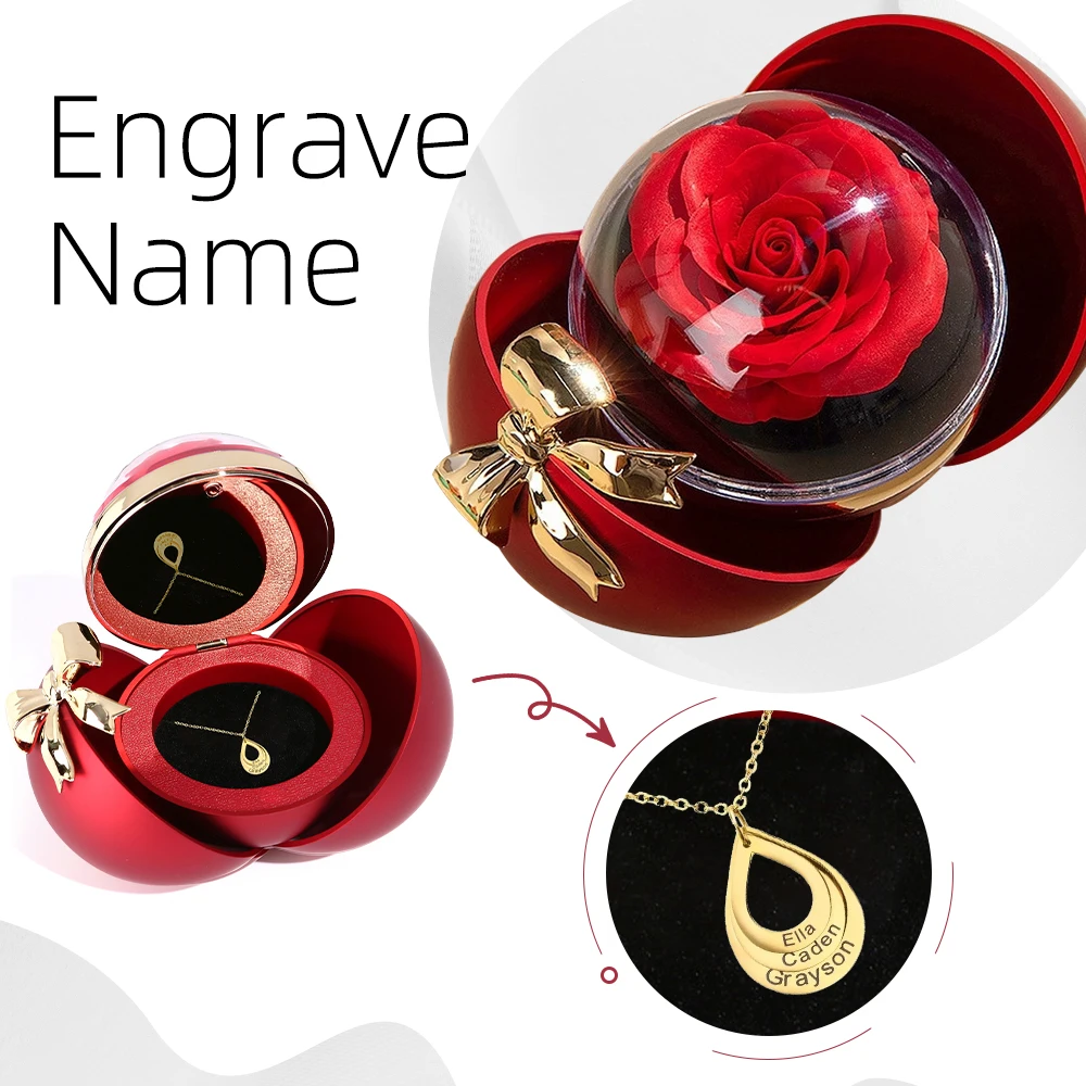 2025 New Rose round ring box bow magnetic drop necklace engraved name gifts for her on Christmas, Valentine's Day, Mother's Day