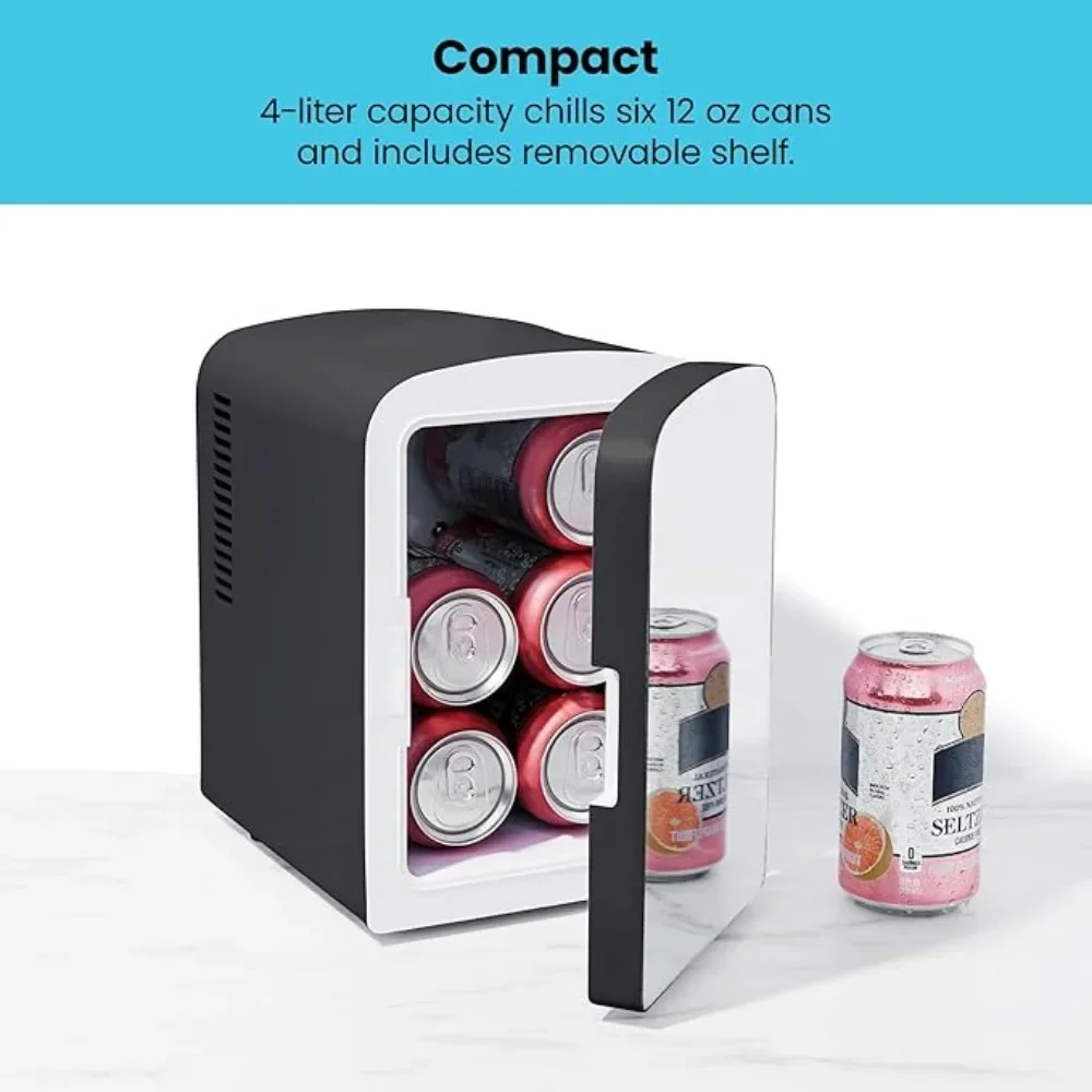 4L Mini Personal Fridge, Fridge Cools or Heats & Provides Compact Storage, 6 12oz Cans, Portable Mirrored Refrigerator