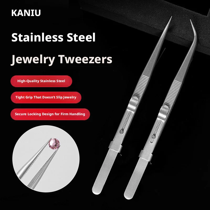 Nail Gem Tweezers Pointed Curved Tip Anti Slip Grip For Nail Rhinestone Placement Craft Jewelry Making Stainless Steel Tweezers