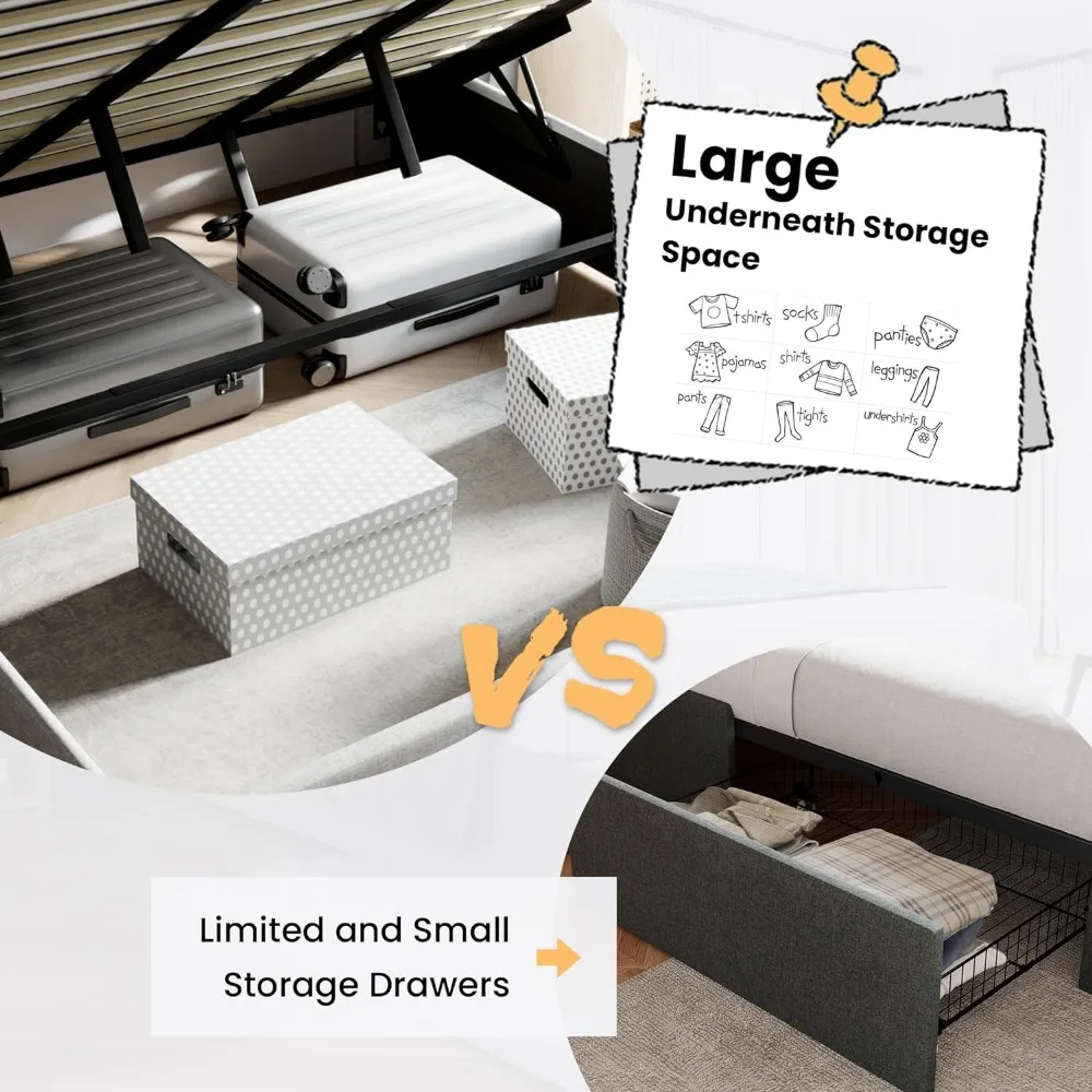 King Size Lift Up Storage Bed/Modern Wingback Headboard/Upholstered Platform Bed Frame/Hydraulic Storage/No Box Spring