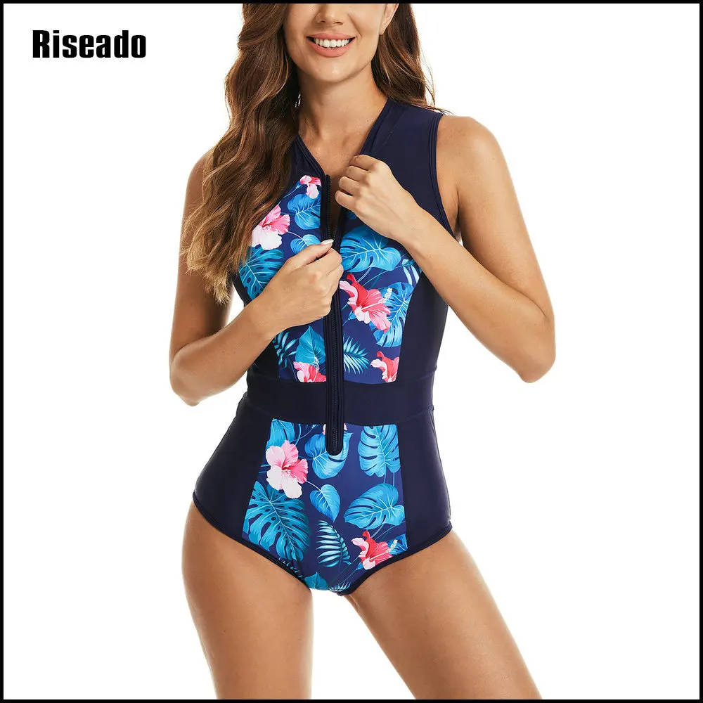 One Piece Bathing Suit for Women Sleeveless Athletic Swimsuits Rash Guard Summer Swimwear Zip Front Surf Suit