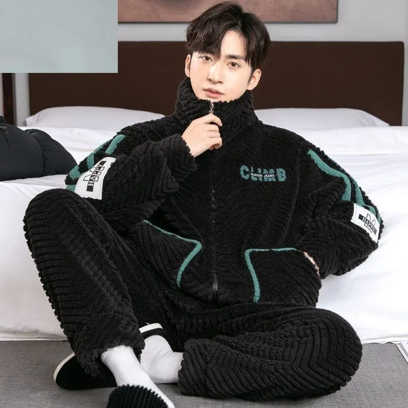 Coral Fleece Pajamas Male Intensification Fleecing Autumn Winter Young and Middle-aged Large Size Warm Flannel Loungewear Set