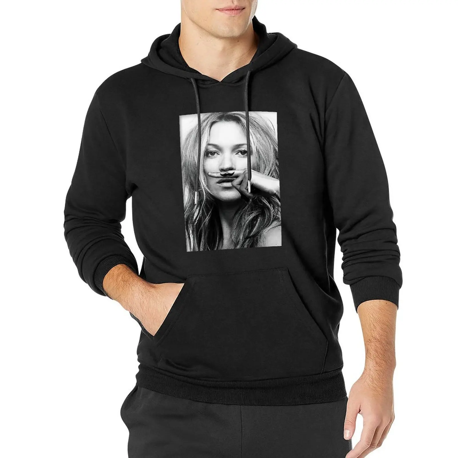 Kate Moss, Mustache, Black and White Photograph Pullover Hoodie blouse men's winter sweater hoodie men