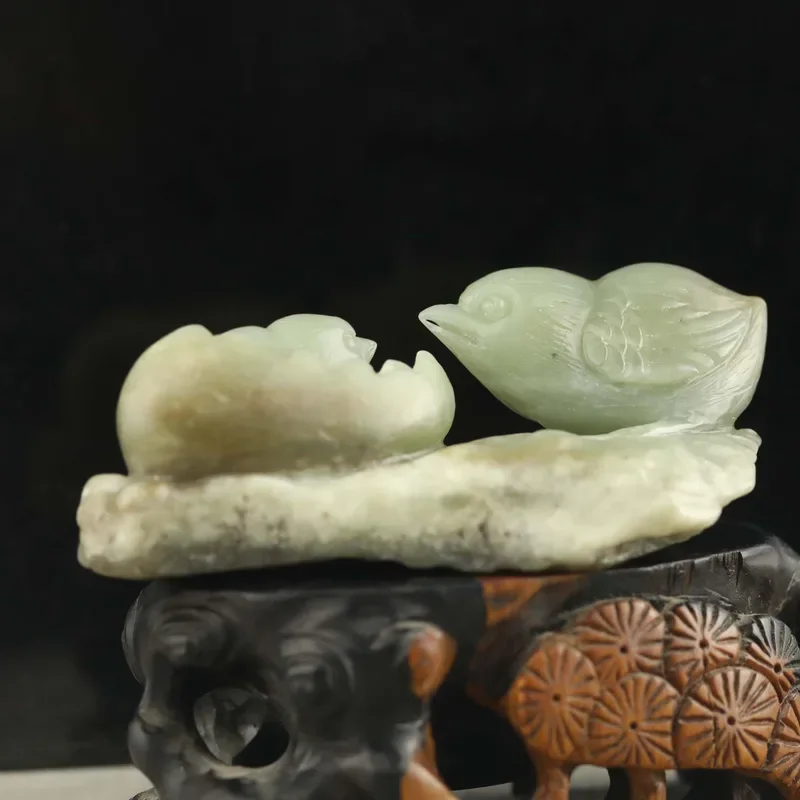 

Old China Natural hetian Jade Hand Carved statue of double birds love gift #49