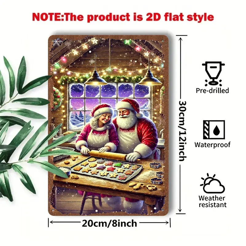 2D Flat, 1pc 2D [Flat] Metal Sign: Santa Claus and a Little Girl Baking Cookies Together in a Cozy Wooden Cabin with a Beautiful