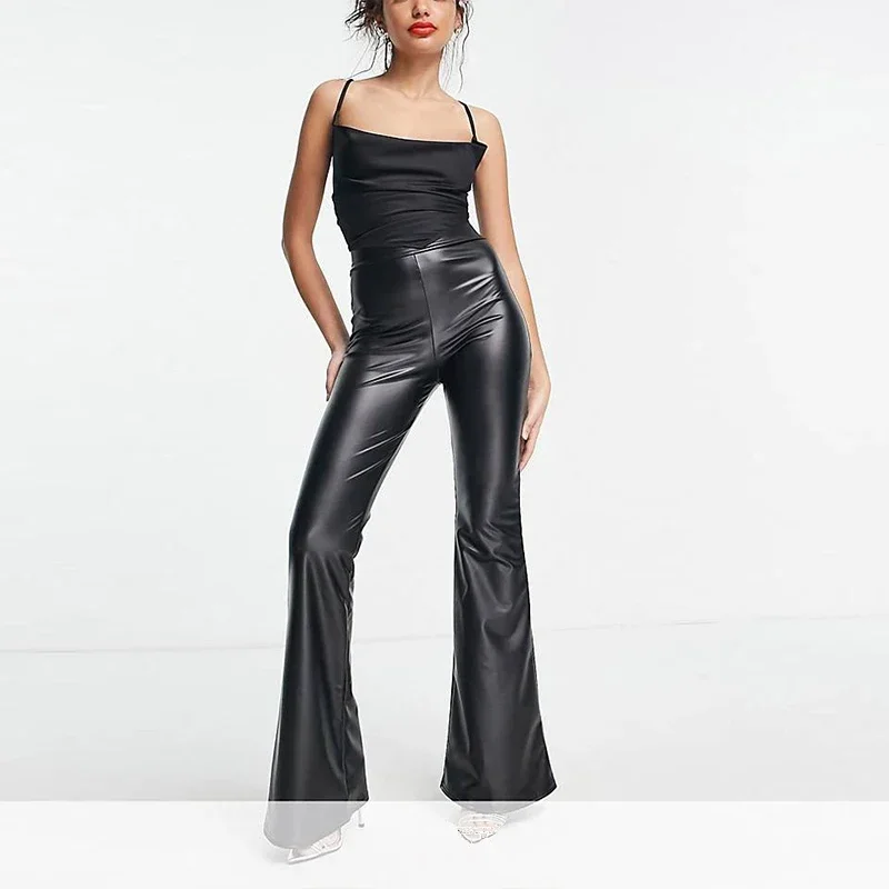 Damen High-Waist Kunstleder Schlaghose, Dehnbar, Schmal Geschnitten, Elegante Schwarze Hose für Party und Halter-Top-Sets – Detail 5