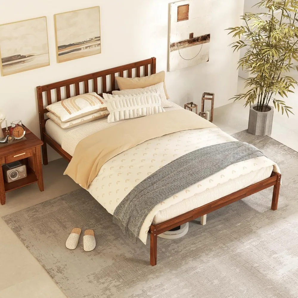 

Full Size Wood Platform Bed Frame with Headboard, 16-Inch Mid-Century Wooden Bed Frame with Slats Support & 12” Under Bed