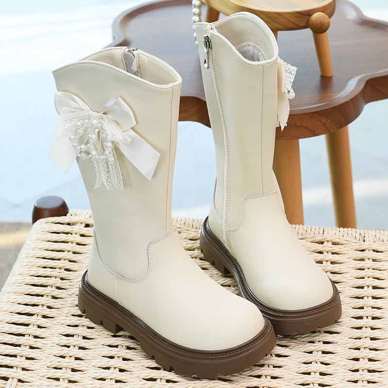 

Girls' boots, genuine leather children's long boots with fleece princess boots, 2025 autumn and winter new children's shoes, hig