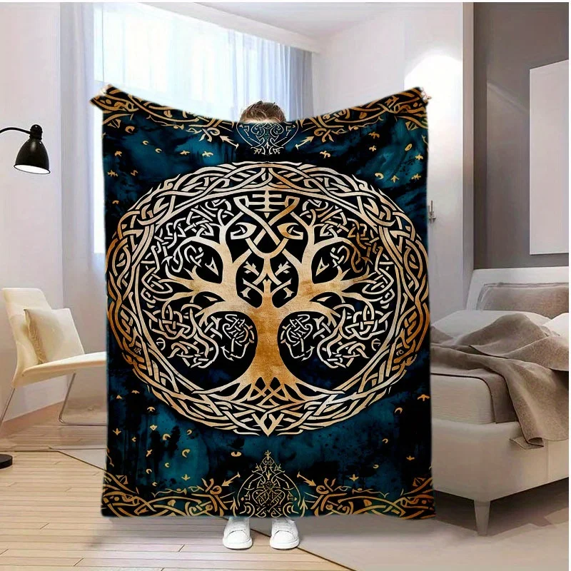 Viking Tree of Life Flannel Blanket, Soft Digital Printed Fleece, Vintage Geometric Pattern, Machine Washable, with for Sofa