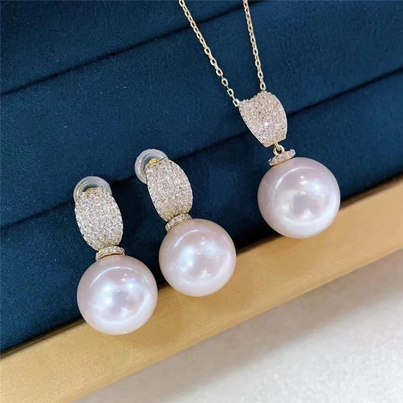 huge AAAA++++ 8-9mm Akoya round pearl All body S925 Silver Necklace Pendant earring  set 18in