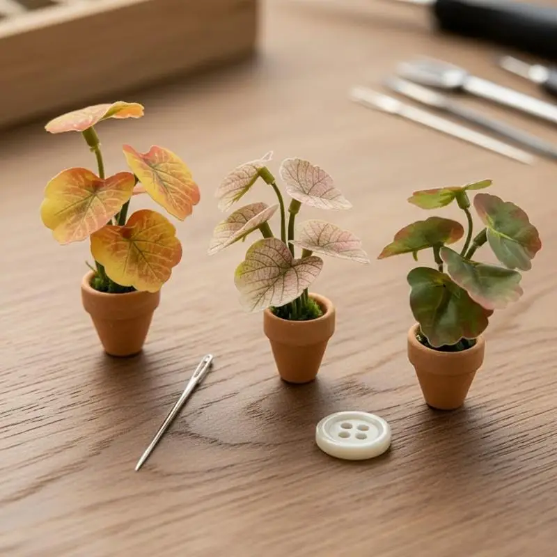 ✰✪Artificial Mini Taro Plant Turtle Back Green Fake Potted Leaf for Dollhouse Home Scene Micro Landscape Decoration