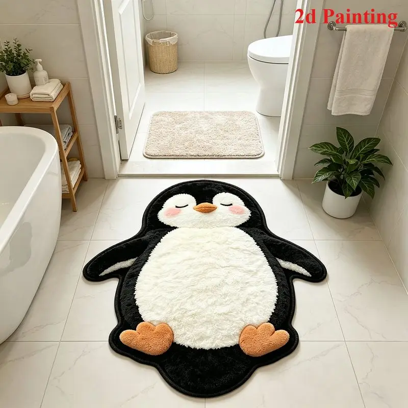 VIKAMA Closed Eye Penguin Shaped Plush Absorbent Floor Mat Foyer Bathroom Living Room Cute Cartoon Home Floor Mat