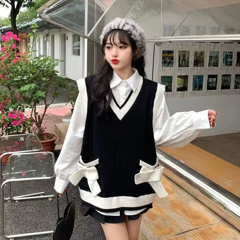 Sweter Kamizelka Damska Baggy V-neck Sweet Preppy Panelled Girlish Japanese Stylish Kawaii Clothes Knitwear Жилетка Женская Teens Ins