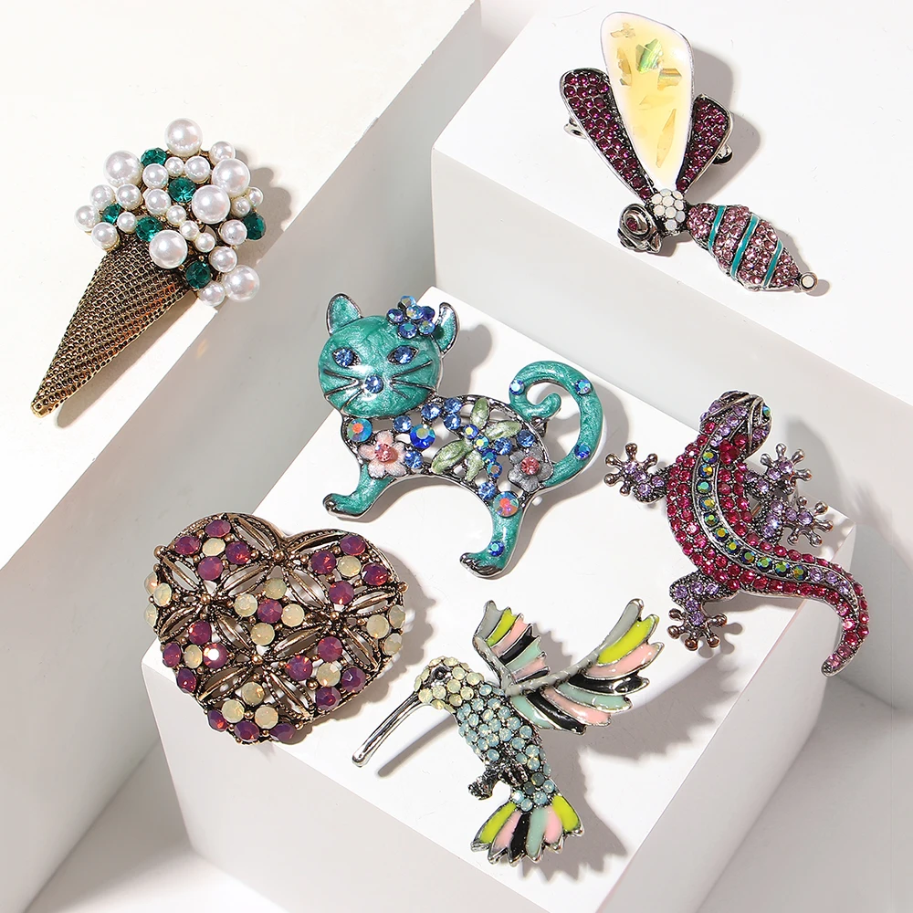 ALLYES Luxury Rhinestone Pearl Brooches for Women Elegant Colorful Bird Ice Cream Heart Animal Brooch Lapel Pins Accessories