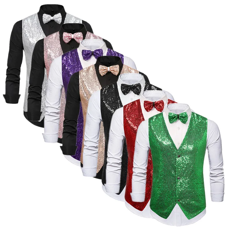 European Size Green Men Sequins Suit Vest, Silver and Red V-neck Sleeveless Waistcoat, Party Stage Performance Vests.