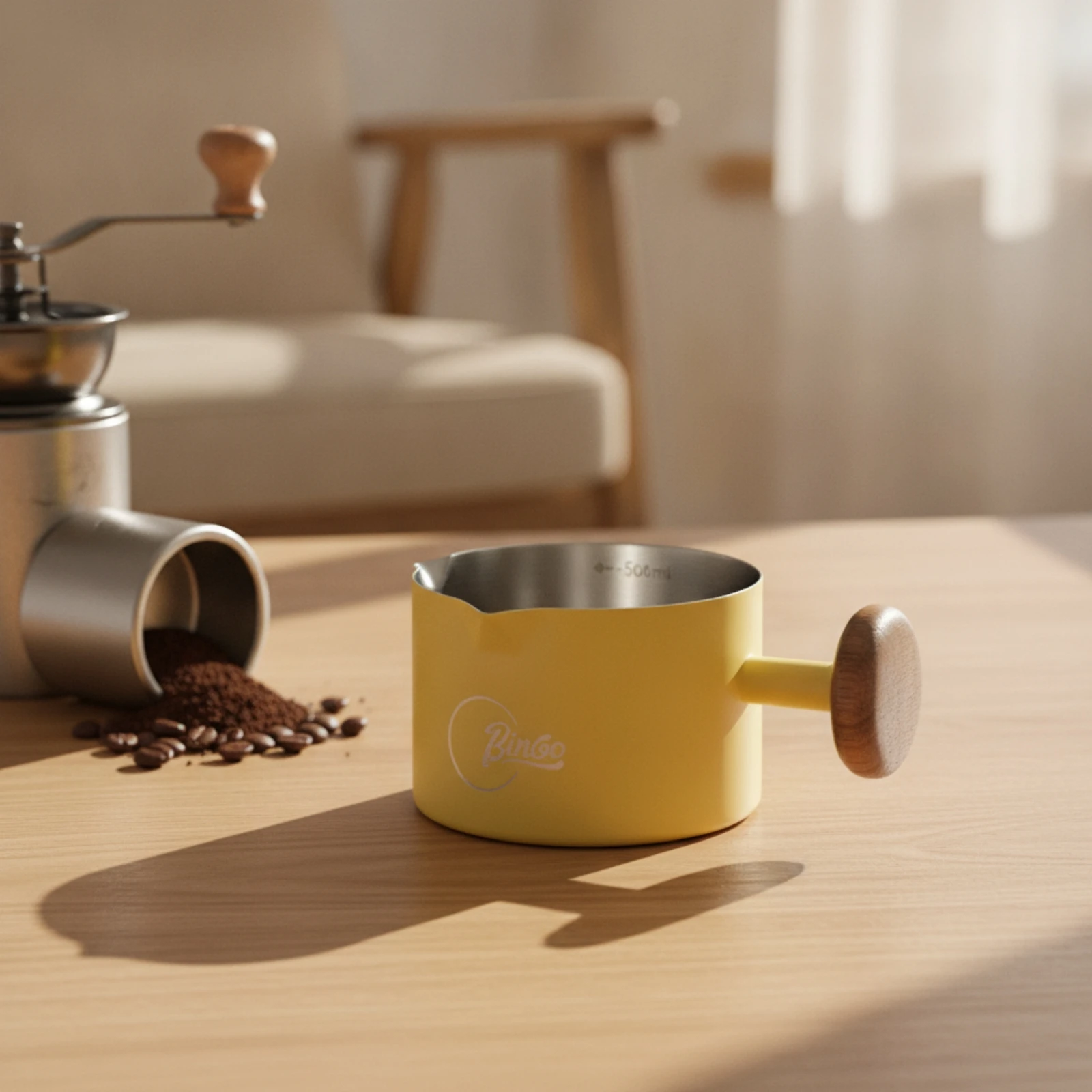 Espresso Cup with Wooden Handle Stainless Steel Espresso Cup with Handle Milk Pitcher with Spout Graduated Accurate for Baristas