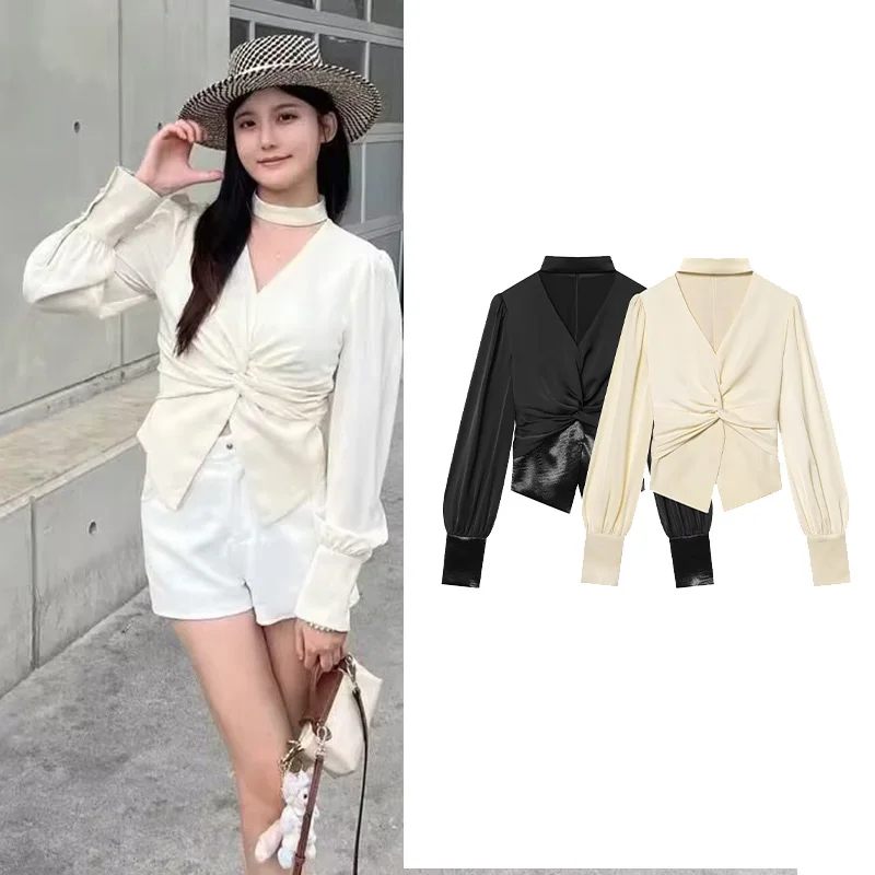 

Весна-лето, женская лоскутная рубашка, повседневная рубашка с v-образным вырезом и длинным рукавом, плиссированная талия, простые женские топы, женские элегантные рубашки и блузки