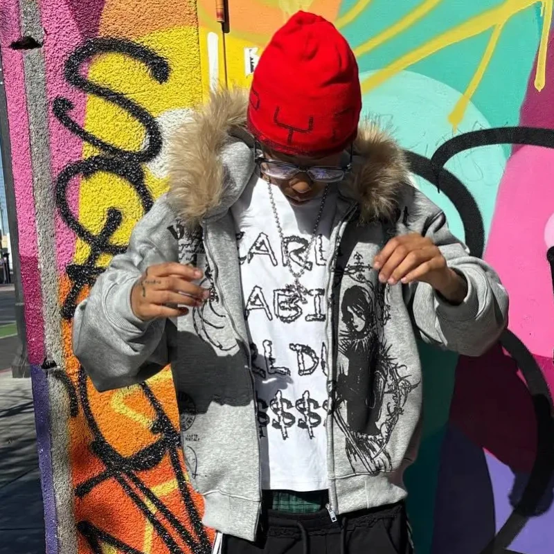 خمر الهيب هوب صورة نمط رسالة الصوف الاصطناعي هوديي العصرية الشارع عارضة زوجين سستة البلوز فضفاضة سترة بسيطة