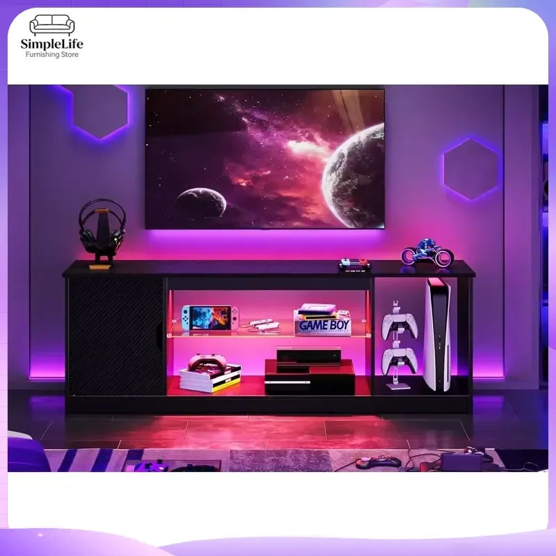 LED Entertainment Center TV Stand for PS5 Gaming Console with Cabinet for 60 65 Inch TV Modern TV Console Table with