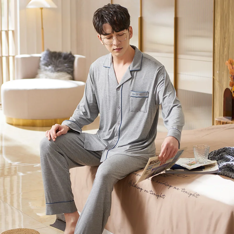 Men Pyjamas Set Modal Spring Autumn Long Sleeve Solid Color Men Pajama Suit Nightwear Lapel Collar Pijama Male Sleepwear 3XL