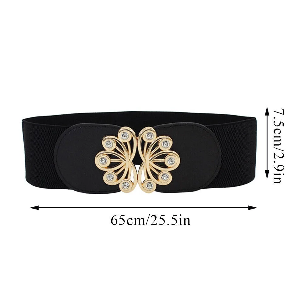 Fashion Big Size Waistband Belt Rhinestone Metal Buckle Wide Waist Belt Black Elastic Wide Belt Women