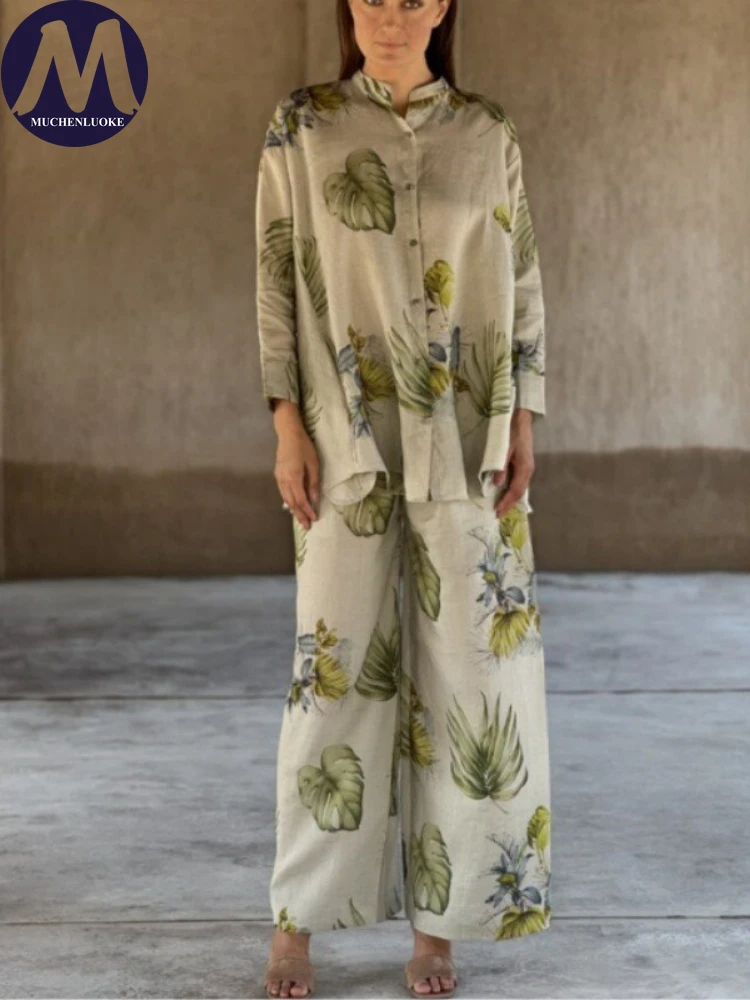 Damen 2-teiliges Set Sommer Herbst Elegantes Bedrucktes Langarm-Oberteil und Weite Hose Lässiges Mode-Outfit