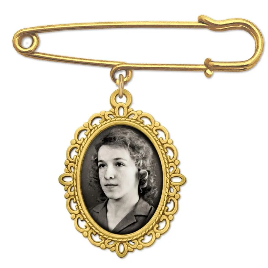 

Gold Wedding Bouquet Photo Charm Pin for Bridal Bouquet or Boutonniere Memorial for Mother Father of The Bride or Groom Wedding