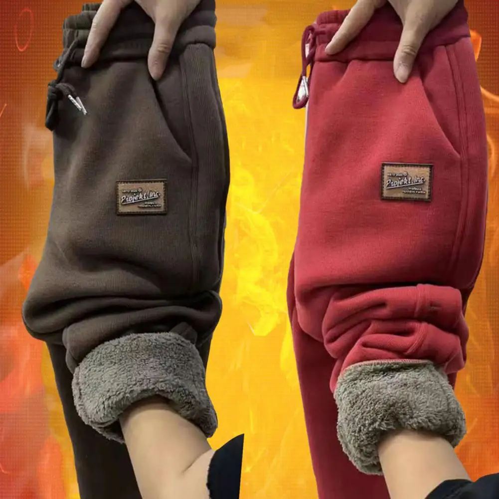 Women Autumn Winter Warm Sweatpants High Waist Drawstring Pockets Solid Color Casual Trousers Fleece Lining Thick Harem Pants