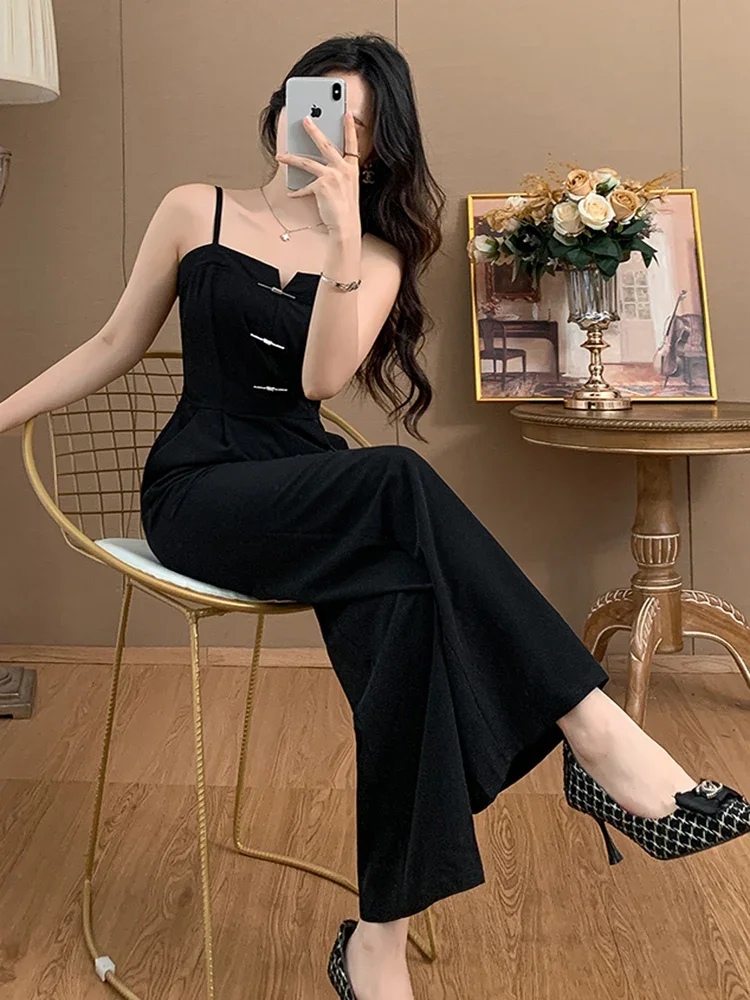 2024 Nowe letnie kombinezony dla kobiet Fashion Design Sexy Black Sling Jumpsuits Ladies Elegant Office OL High Waist Wide Leg Rompers