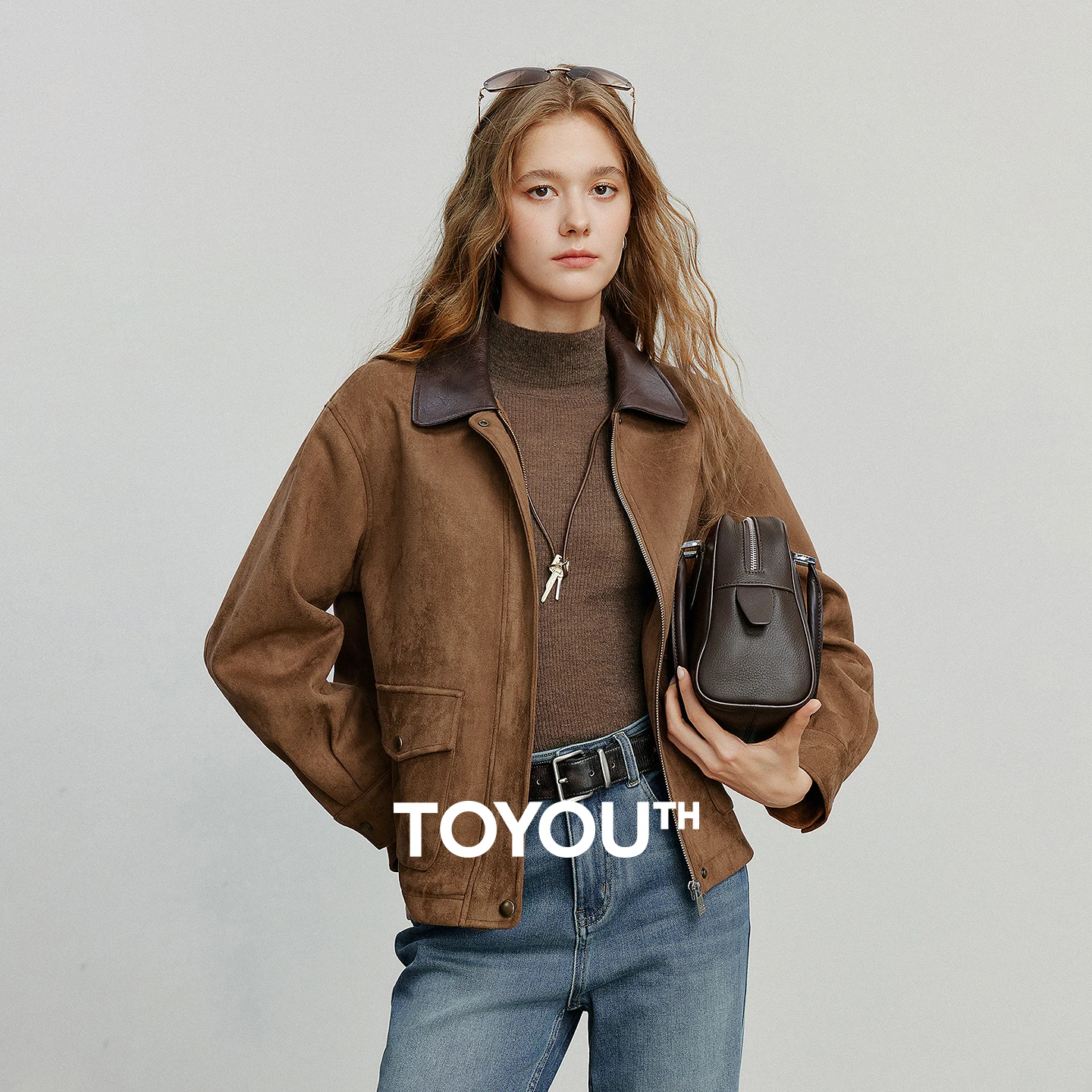 TOYOUTH Women's Jacket coat 2026 Autumn New Vingtage Barn Style Suede Leather Patchwork Collar Jacket Brown