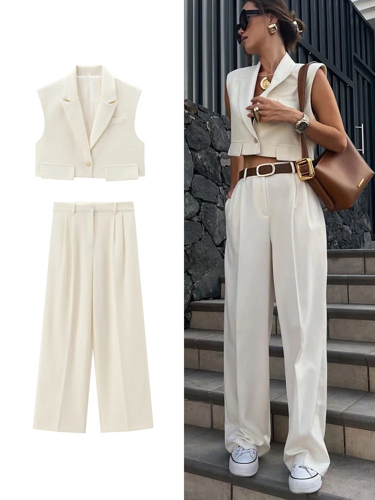 TRAF 2024 New Autumn Office Ladies Solid Suits Fashion Women Single Button Notched Sleeveless Vest Top Zipper Wide Leg Pant Sets