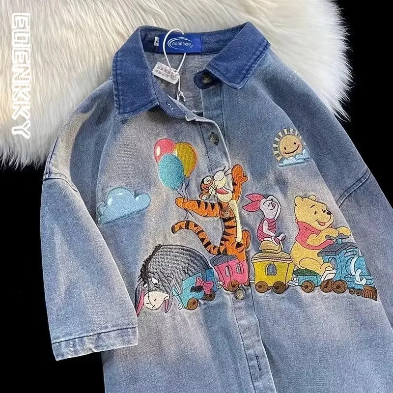 Cartoon Embroidery Wash Denim Short Sleeve Shirt Women Summer Japanese Retro Lapel Half Sleeve Shirts Fashion Loose Casual Tops