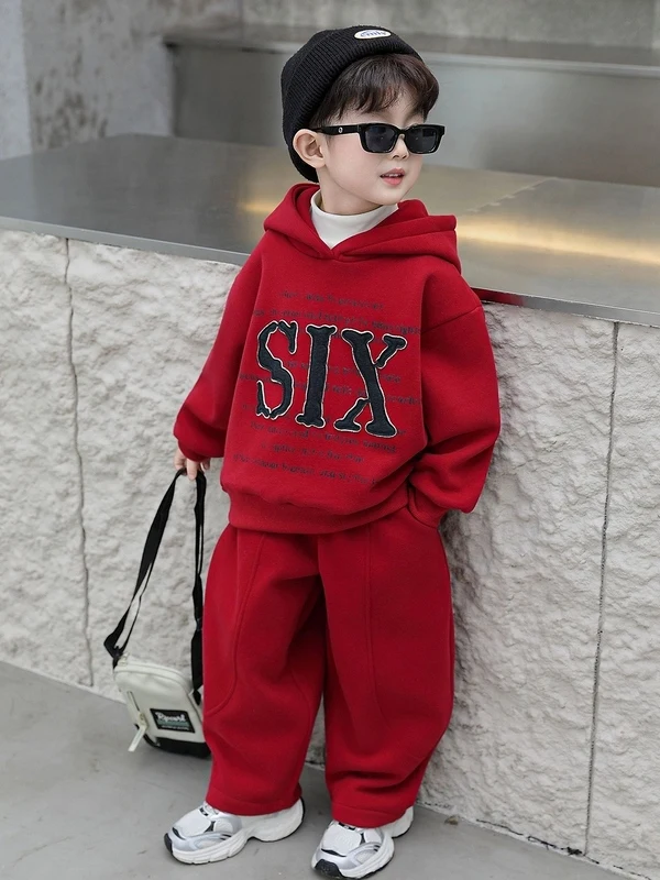 

Thiened Fce Lined Embroidered Boys Sportswear Set Autumn Winter Sle Nursery School Boys Red Year Costume Hoodie