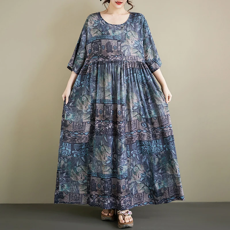 

Loose Cotton Linen Women's Dr n Sle round Ne ort Sve A-Line Midi Dr for Middle-Aged And ly Mothers